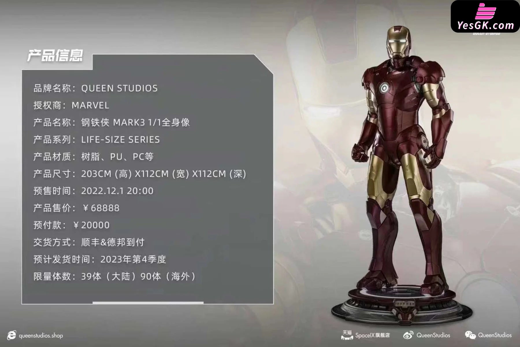 Iron Man Mark3 1/1 Scale Resin Statue - Queen Studio [Pre-Order]